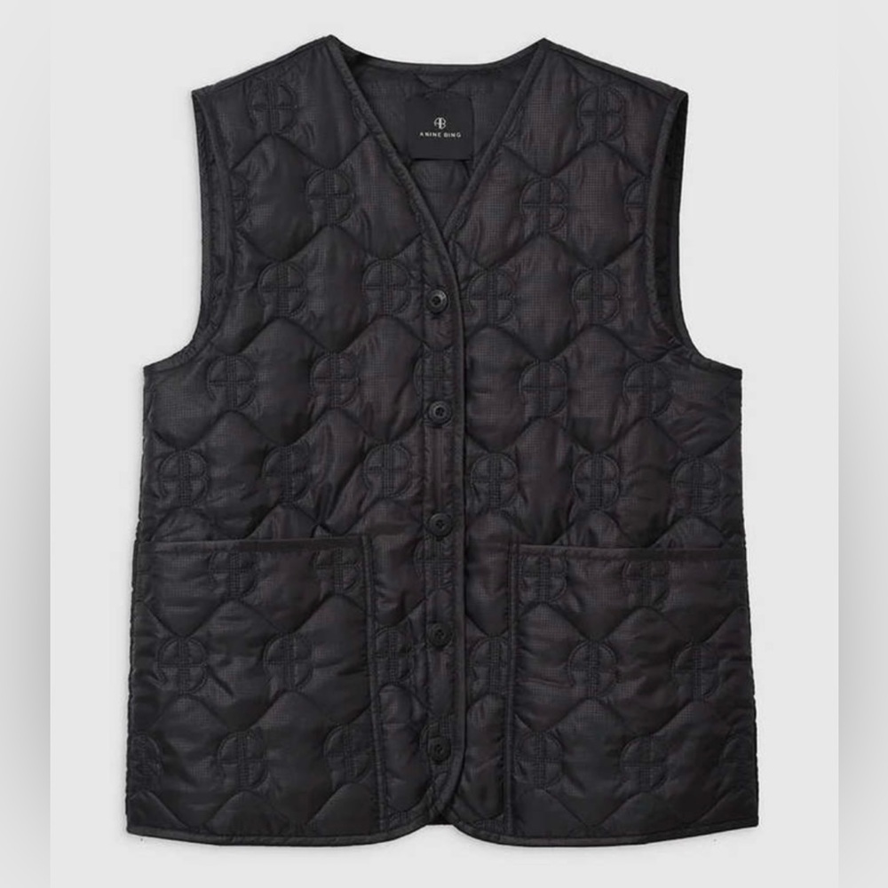 💚 ANINE BING Andy Monogram Black Quilted Vest